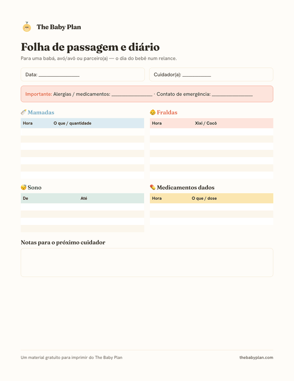 Folha de passagem para cuidadores